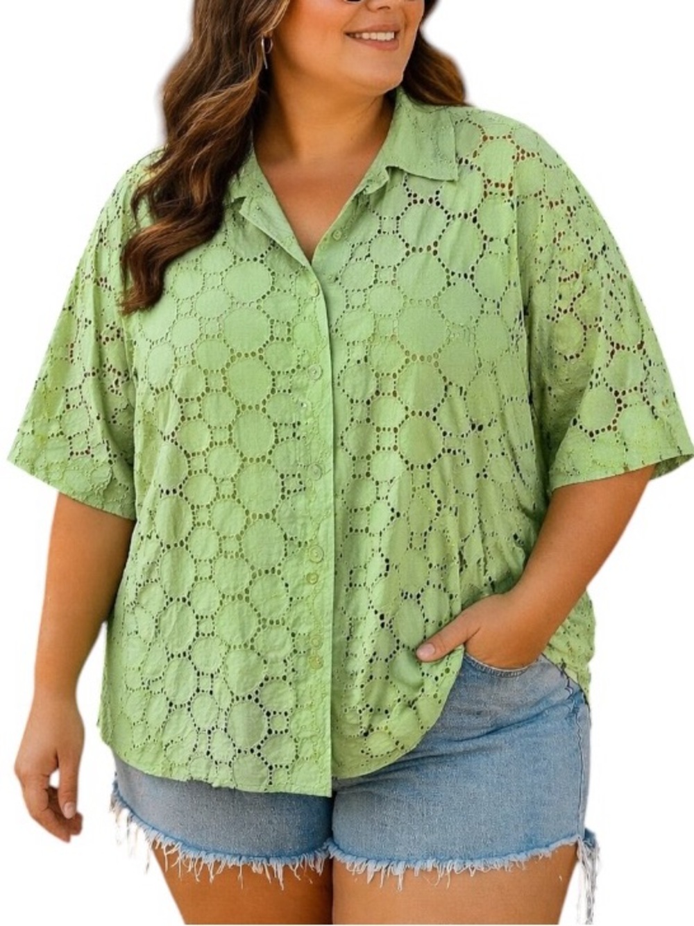 Draper’s & Damon’s 2X Green Short Sleeve Eyelet Button Up Shirt